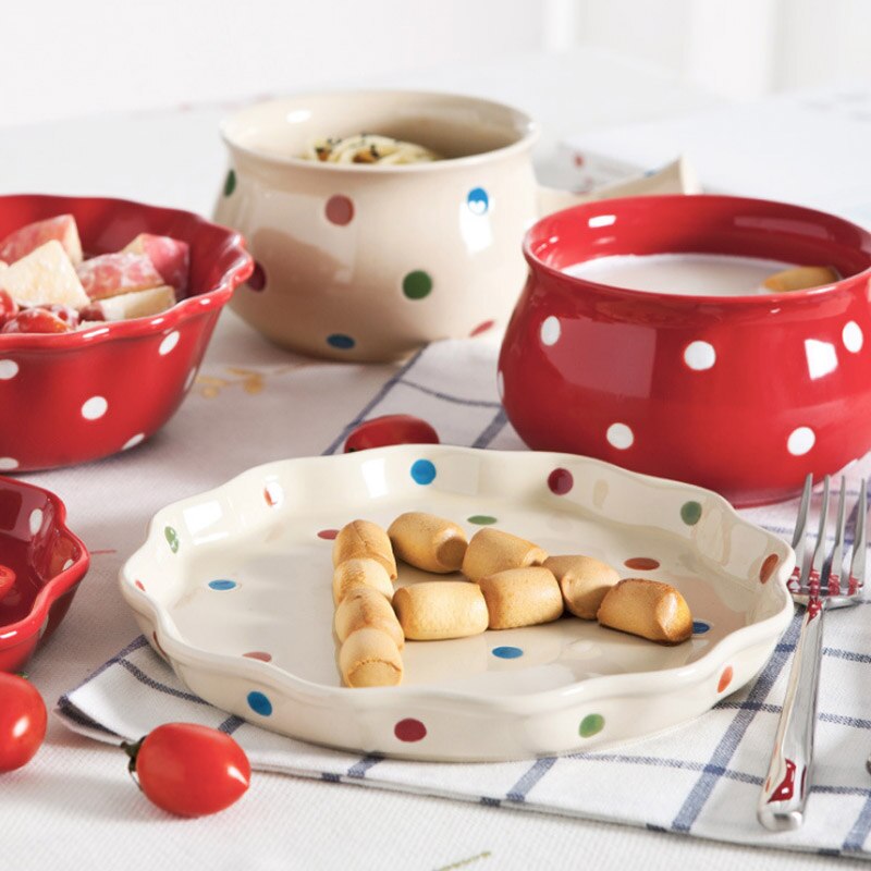 Color esmalte de vajilla de puntos fruta y arroz de cerámica plato de postre plato de ensalada de carne bandeja para hornear asado de encargarme de la cena vajilla