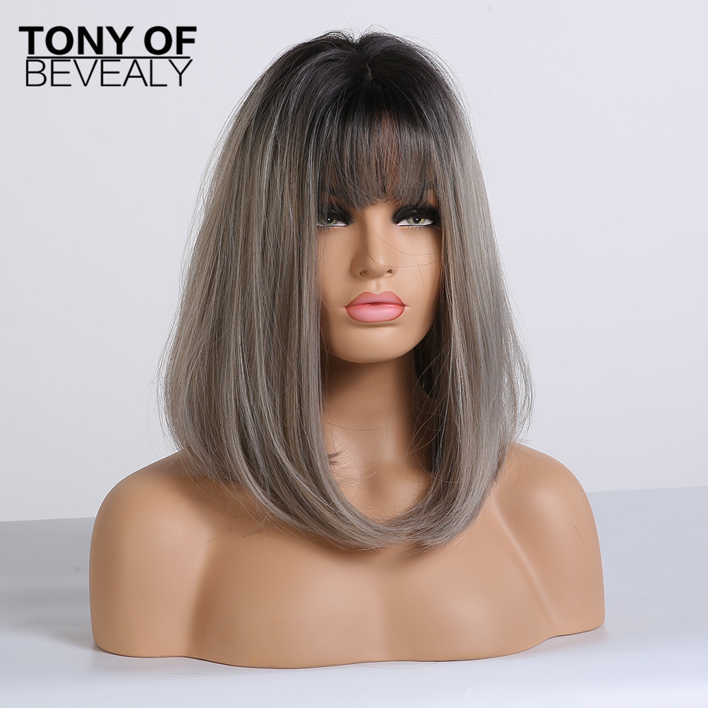 Pelucas de pelo largo liso ombré marrón ceniza Lolita parte lateral para mujeres Afo pelucas de pelo Natural para uso diario pelucas sintéticas resistentes al calor