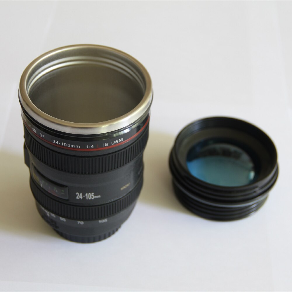 Kamera Objektiv Becher Kaffee Tee Tasse Becher mit Deckel Neuheit Kreative Thermocup Thermo Becher 400ml Edelstahl Liner: 6th Schwarz