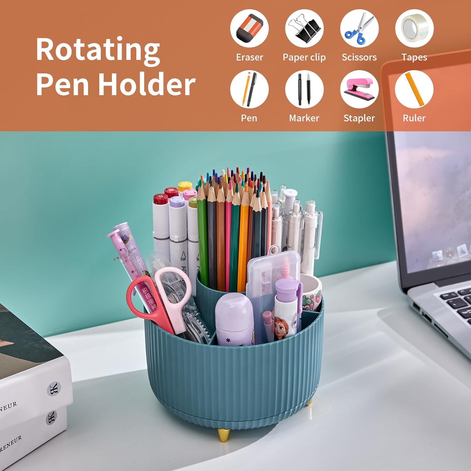 Desk Organizer, 360-Degree Rotating Pen Holder for Desk with 5 Compartments Pencil Organizer, Storage Box Caddy for Office, Home