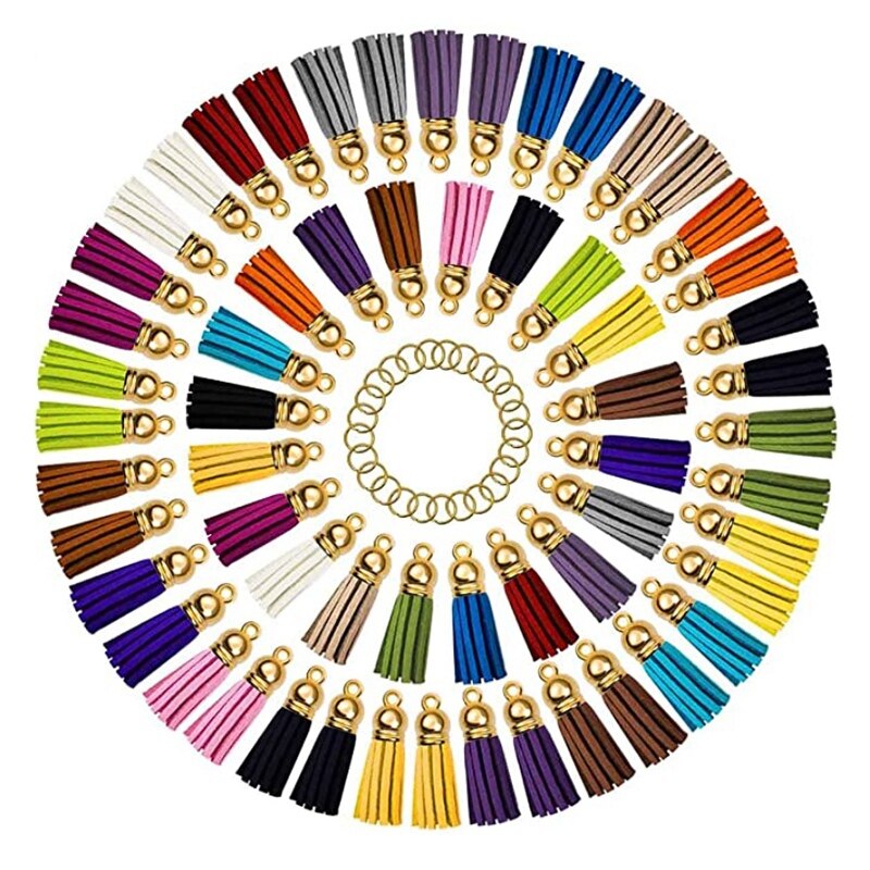 60- pack kwastjes voor sleutelhangers, suède kwastjes voor het maken van sieraden, sleutelhangerbedels, sleutelhangerringen voor hangers, knutselwerkjes