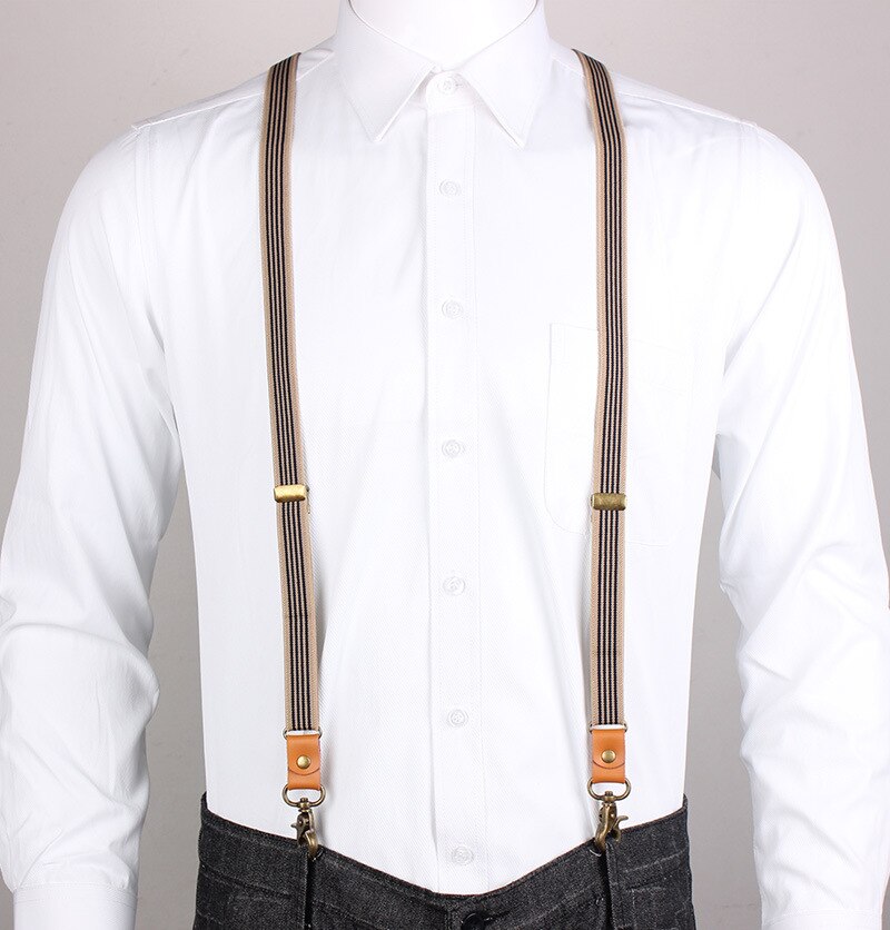 Beige striber y ryg suspensorio classic 3 krog klip høje elastiske seler jakkesæt bukser skulderrem 2*110cm