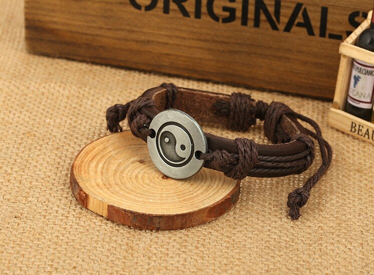 Nuovo Stile Orientale Ying Yang Bracciali in Pelle di Mucca Braccialetti Degli Uomini e braccialetti Femminile Catena di Gioielli A Mano Corda Tai Chi Otto trigrammi: marrone