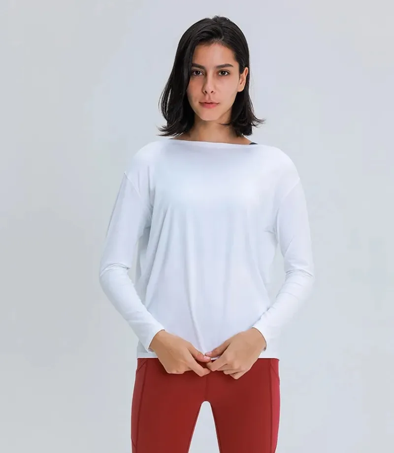 Løst yogatøj til kvinder til forår og efterår, nøgen og hudvenlig tynd fitnesssports-pendler-t-shirt med lange ærmer