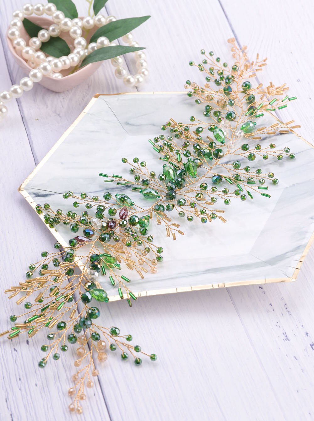 Bohe-Diadema de pelo verde para mujer, tocado de cristal, accesorios para el cabello, accesorios para el cabello de boda, diadema para novia: Headband