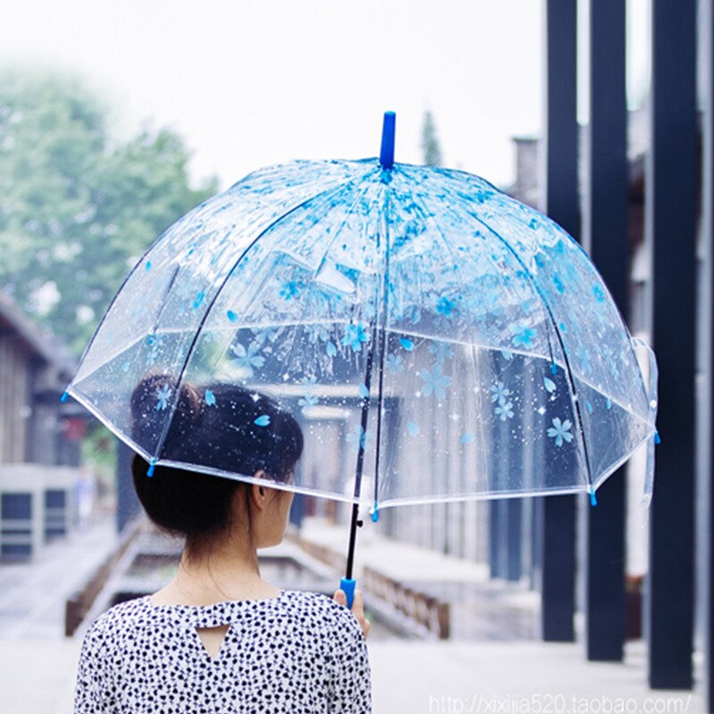 Cherry blossom long umbrella transparent umbrella personality environmental protection PVC POE clear pure and fresh