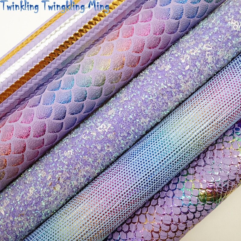 Tela de piel sintética con purpurina púrpura, estampado a rayas, sirena, para arco A4, 21x29CM, Twinkling Ming XM027A