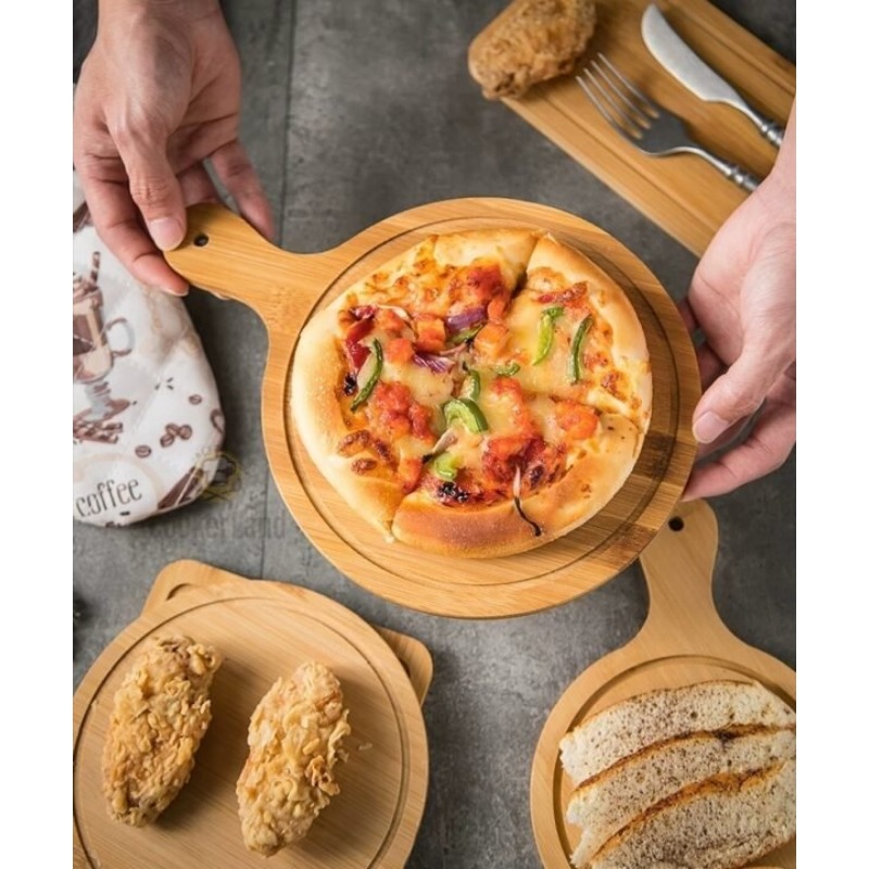 Tabla de Pizza, tabla de cortar de bambú con mango, corte doméstico, pan, fruta, Base redonda de madera, bandeja de comida, utensilios de cocina duraderos