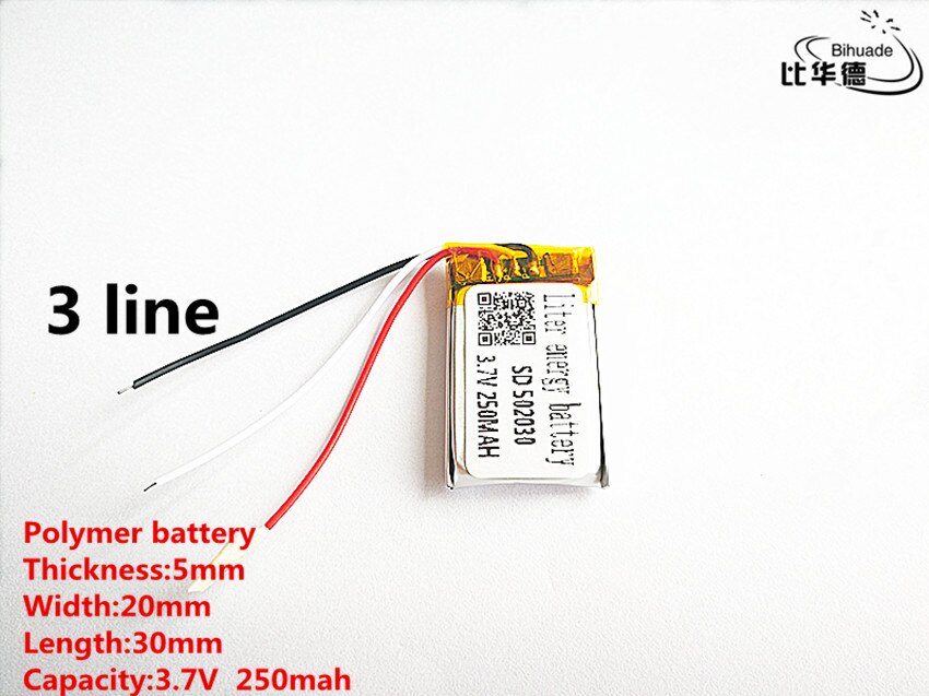 10 stks/partij 3 lijn Goede Qulity 3.7 V, 250 mAH, 502030 Polymeer lithium-ion/Li-Ion batterij voor SPEELGOED, POWER BANK, GPS, mp3, mp4
