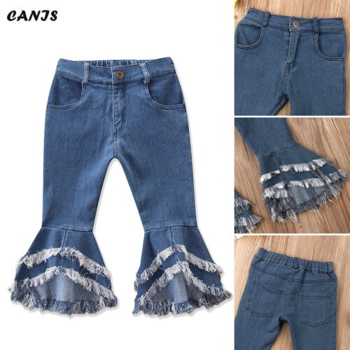 Girls Jeans Long Pants Toddler Denim Ruffle Flare Pants Trousers Slacks