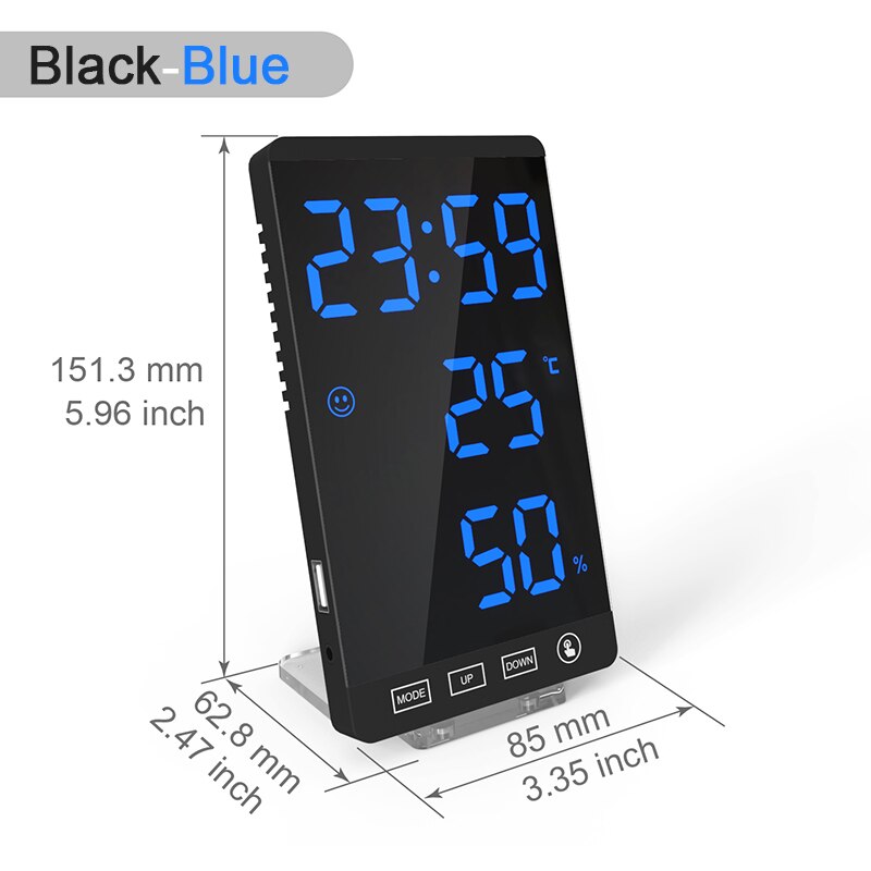 Reloj despertador Digital, estación meteorológica con termómetro, higrómetro de humedad, pantalla de espejo para mesita de noche: Black-Blue