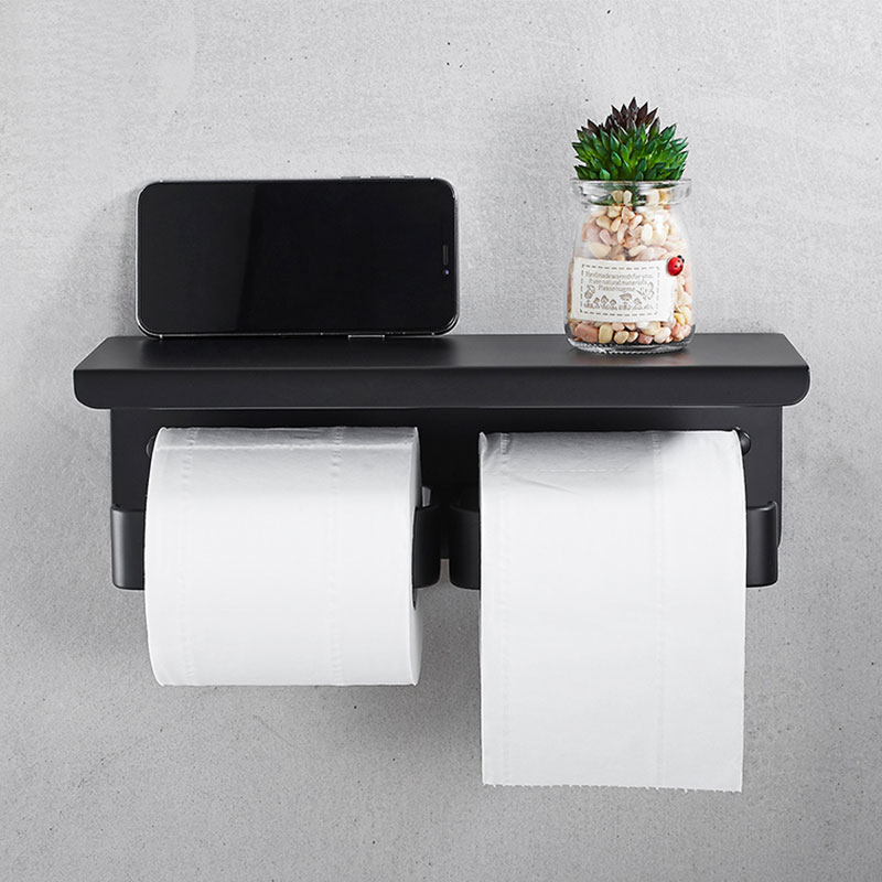 Dobbeltrulle toiletpapirholder hylde på vægmontering, badeværelse dobbelt tissue-rulleholder med telefoner / klude opbevaringsstativ mat sort