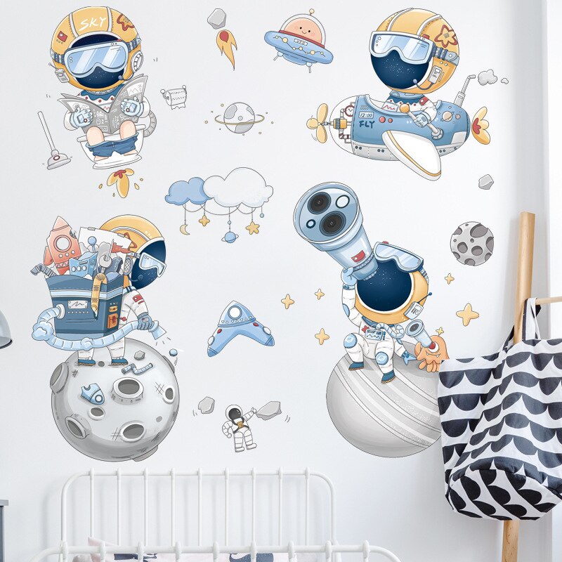 Cartoon Space Astronaut Wall Stickers for Kids Room Kindergarten Wall Decoration Removable Water-Proof PVC Wallpaper Home Decor