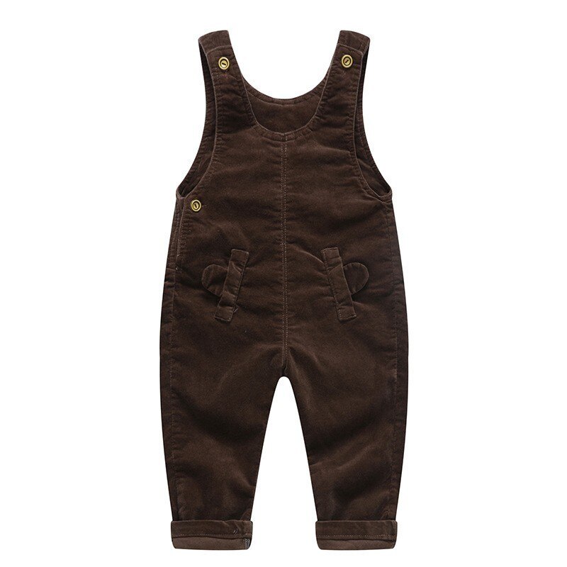 Baby herfst jumpsuit corduroy mooie zak unisex overall effen knoop peuter meisjes jongens jumpsuits kinderbroeken: Bruin / 12m