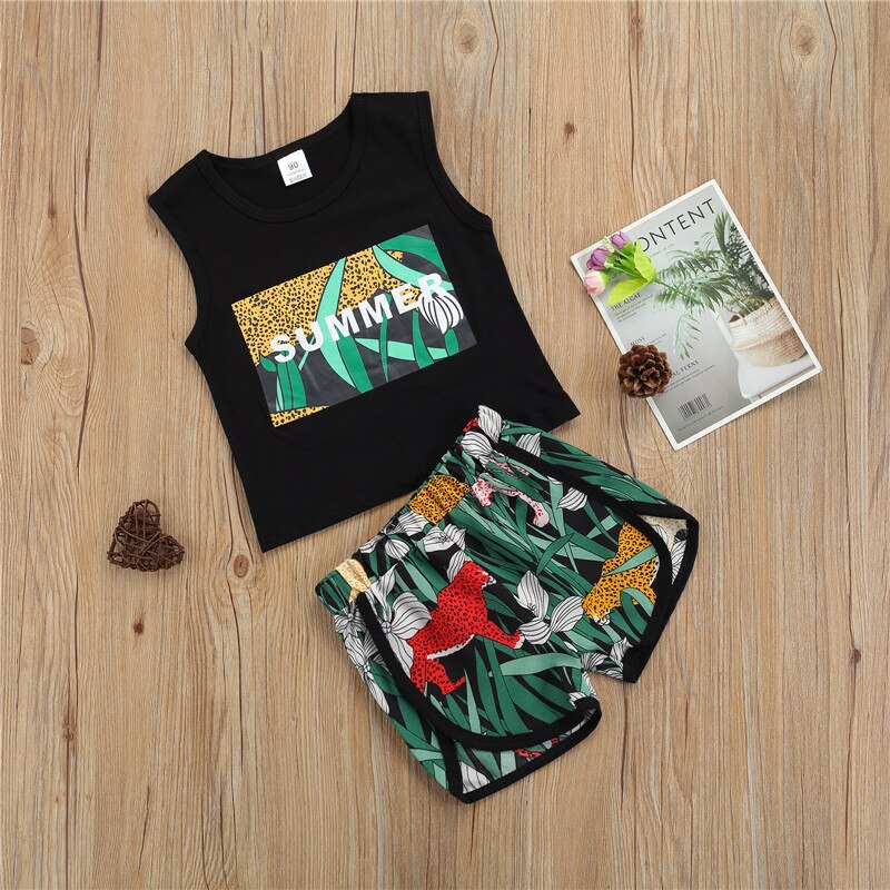 1-6 Years Infant Boys Casual Two-Piece Clothes Set Black Sleeveless Tops And Elastic Waist Shorts Toddler Boys Summer Set