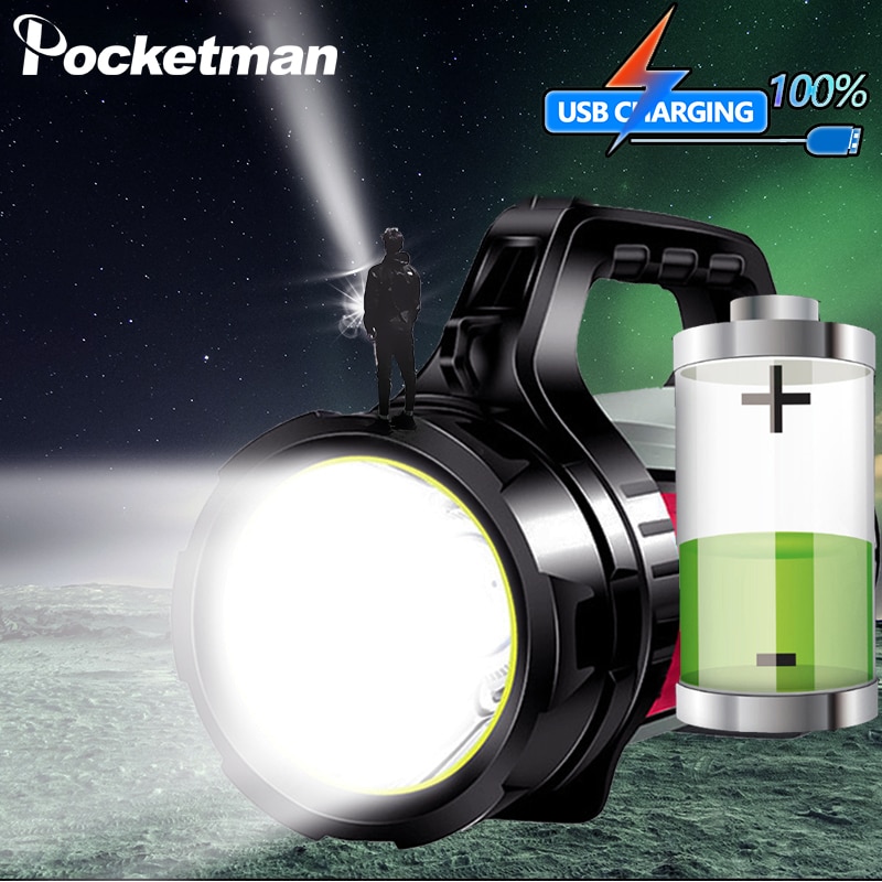 Projecteur Rechargeable le plus puissant lampe de poche LED poignée projecteur Ultra-longue torche de secours avec réserve de puissance de sortie USB