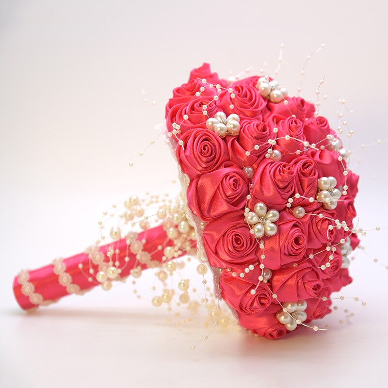 Janevini 2020 nova noiva flores cetim rosa pérolas rosa casamento buquê de cristal nupcial buquê fleur artificielle branco broche: Fuchsia
