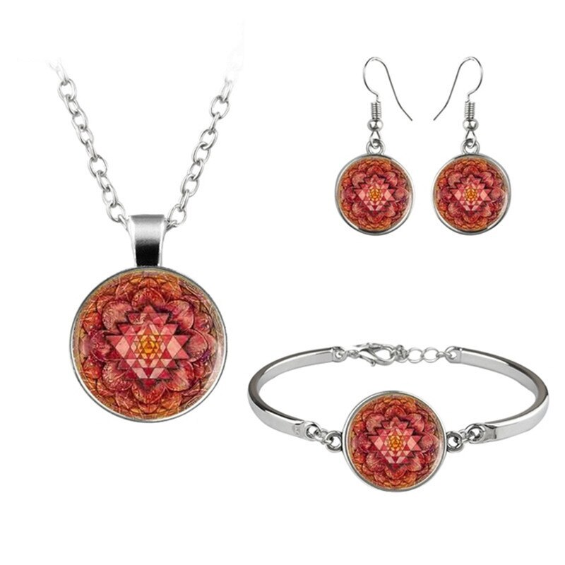 Indian Sri Lanka Sacred Geometry Jewelry Set Glass Pendant Necklace Earring Bracelet Totally 4 Pcs for Women's