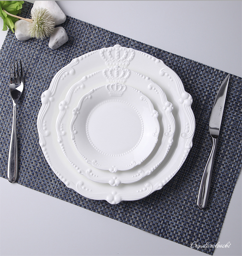 Juego de 3 piezas de porcelana blanca en relieve, 6 + 8 + 10 pulgadas, de corona, juego de platos de cerámica para cena, platos para servir de boda
