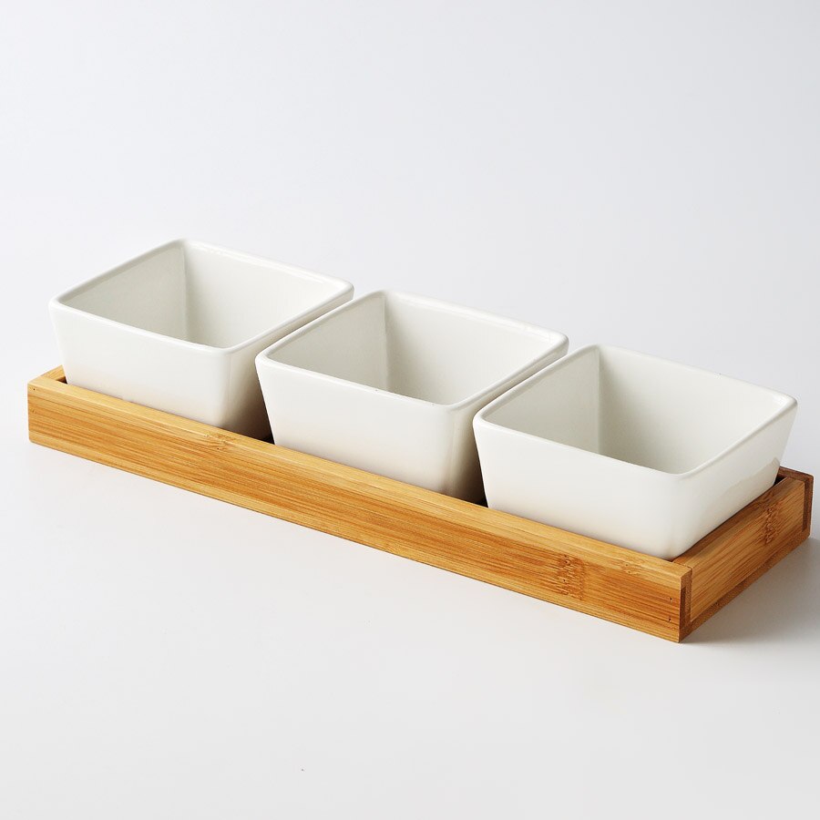 MUZITY-plato de cerámica para postres, Plato cuadrado para fruta con bandeja de bambú y madera, plato de porcelana para pastel o caramelo: C