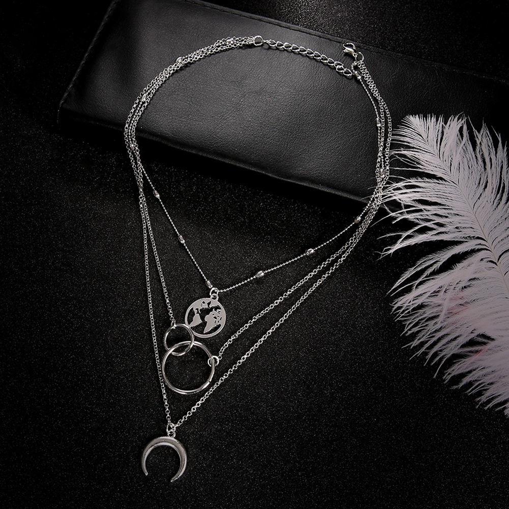 Women Necklace Temperament Retro Moon World Map Circle Multilayer Good-looking Necklace Charm Jewelry