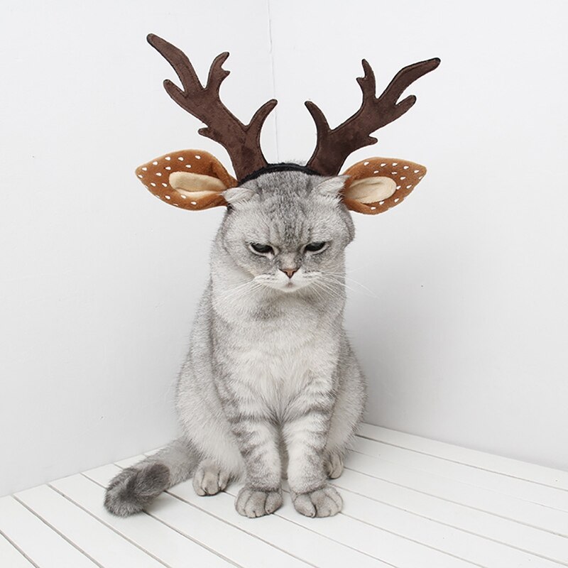 Diadema con cuernos asta de Reno para mascotas de Navidad sombrero de alce ajustable Aro para el pelo perro gato Cosplay accesorios de decoración de disfraces: L