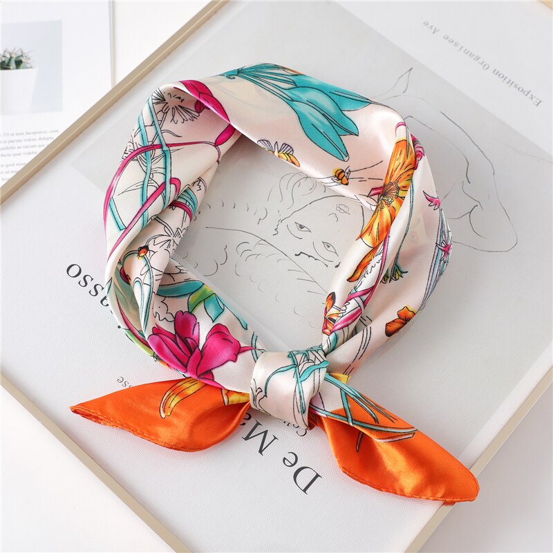 Femme Zijden Sjaal Tas Tie Haarband Foulard Kleine Zakdoek Elegante Bloemenprint Vrouwen Hoofdband Skinny Bandana