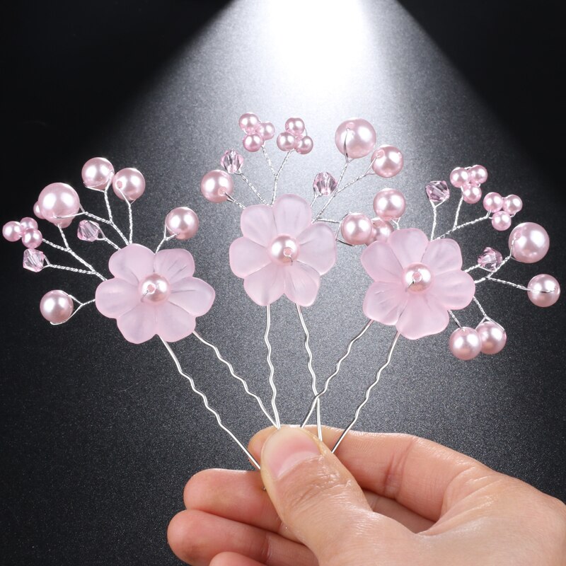 Vintage Hair Jewelry Crystal Rhinestone Handmade Leaf Flower Hairpins Hair Clips Wedding Bridal Headwear Hair Pins: hehua pink