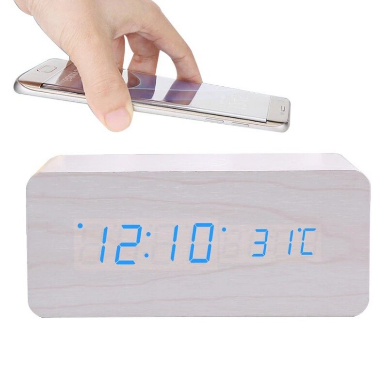 Wood LED Digital Alarm Clock With Phone Wireless Charging Pad Snooze Function Sound Control Adjustable Brightness Alarm Clock