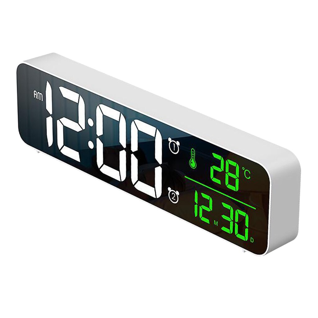 10 Inch Large Screen Digital Alarm Clock Temp Day Calendar AM/PM Mirror Wall Clock 40 Music Adjustable Volume Decoration: White