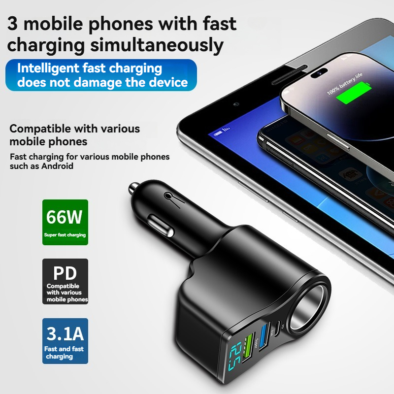 4-in-1-Multi-USB-Autoadapter, Steckdosenverteiler mit 2 USB-Anschlüssen, 12 V/24 V Dual USB Plus Typ-C PD Schnellladeadapter