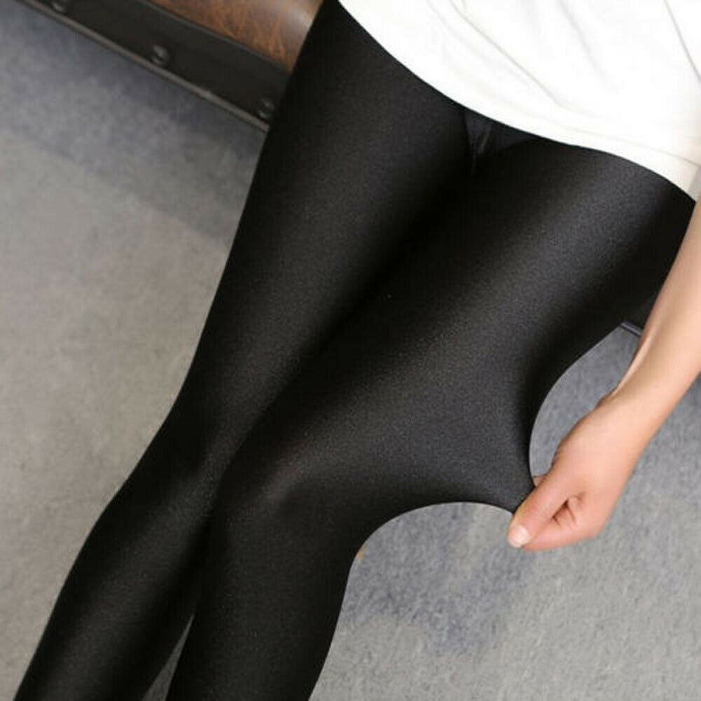 Naiset seksikkäät kiiltävät metalliset harjatut korkeavyötäröiset housut leggingsit mustat joustavat keinonahkaiset legginsit plus koko