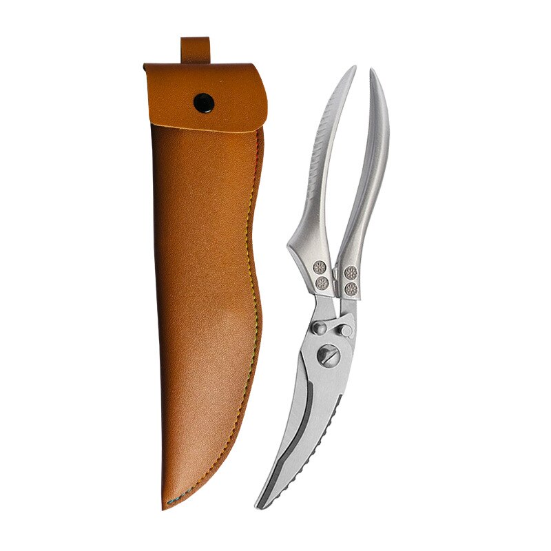 Kitchen Powerful Chicken Bone Scissors Chicken Duck Fish Cutter Shears Stainless Steel Scissors Scale Clean Cook Scissors Knife: Silver-B -brown set