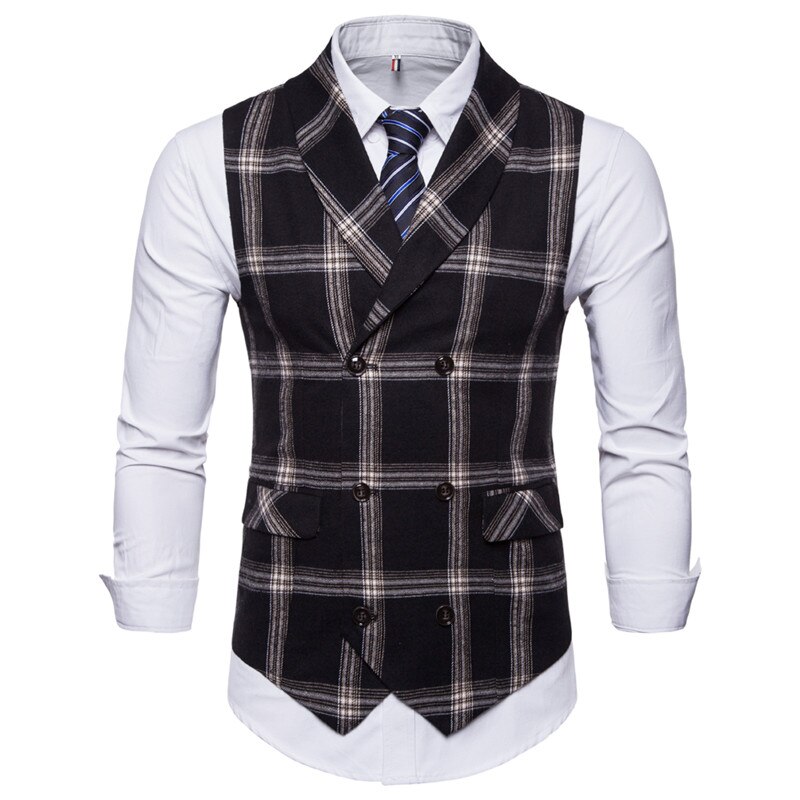 Ffxzsj klassisk rutete dressvest herre slank passe dobbelspent Vest Vest herre virksomhet bryllup røyking Vest gilet homme: Svart / 4xl