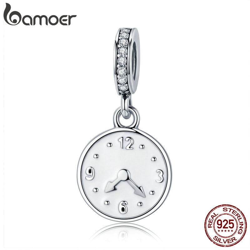 BAMOER 100% Genuine 925 Sterling Silver Clock Happy Time Engrave Pendant Charm fit Women Bracelet Sterling Silver Jewelry SCC657