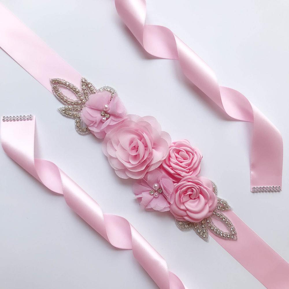 MOLANS, perlas, vestido, cinturones, flores de Gasa sólido, faja nupcial, cinta hecha a mano con diamantes de imitación, banda para la cintura, accesorios de boda para novia: Rosa
