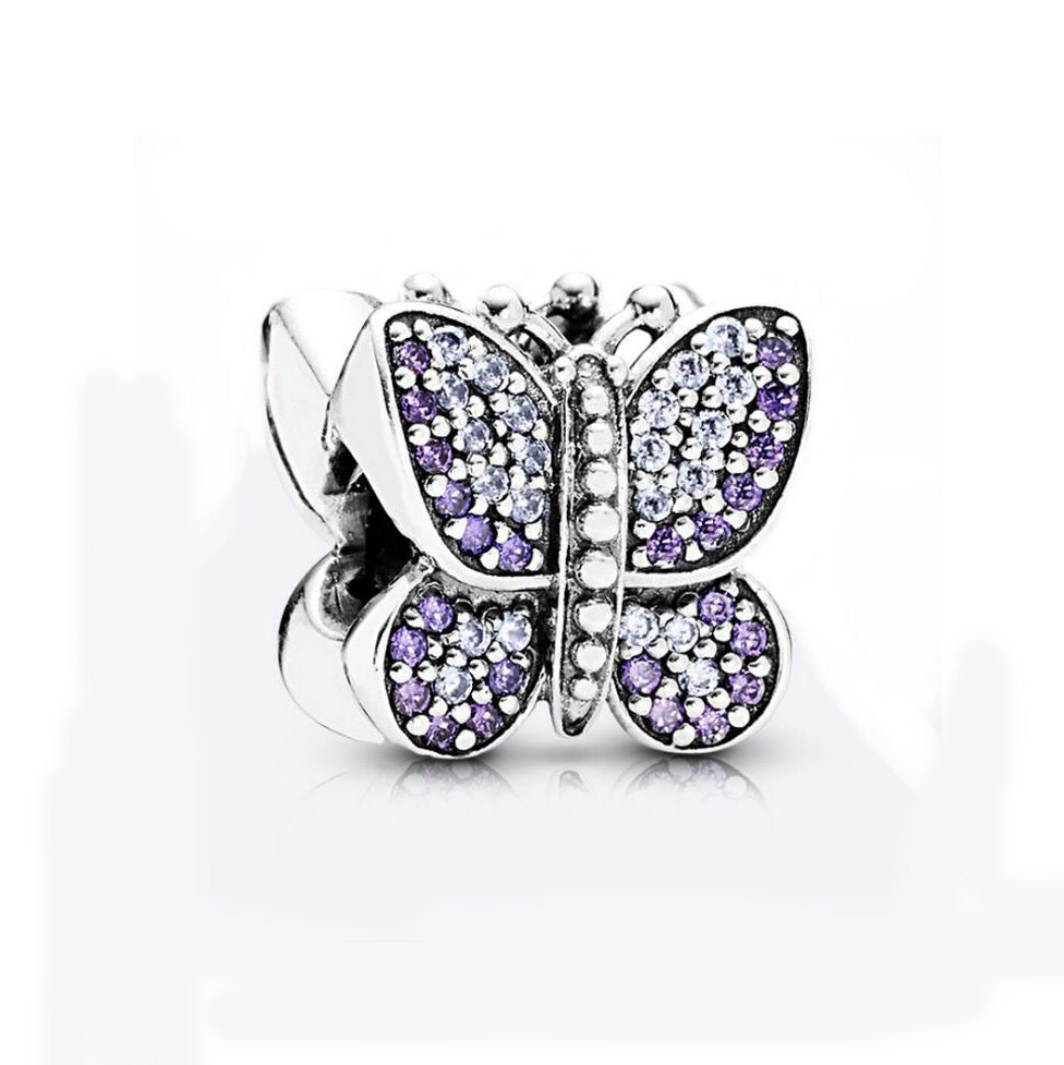 925 Sterling Silver Beads Flower Butterfly Pink Blue CZ Charm Fit Pan Bangle Bracelet DIY Women Jewelry: 492