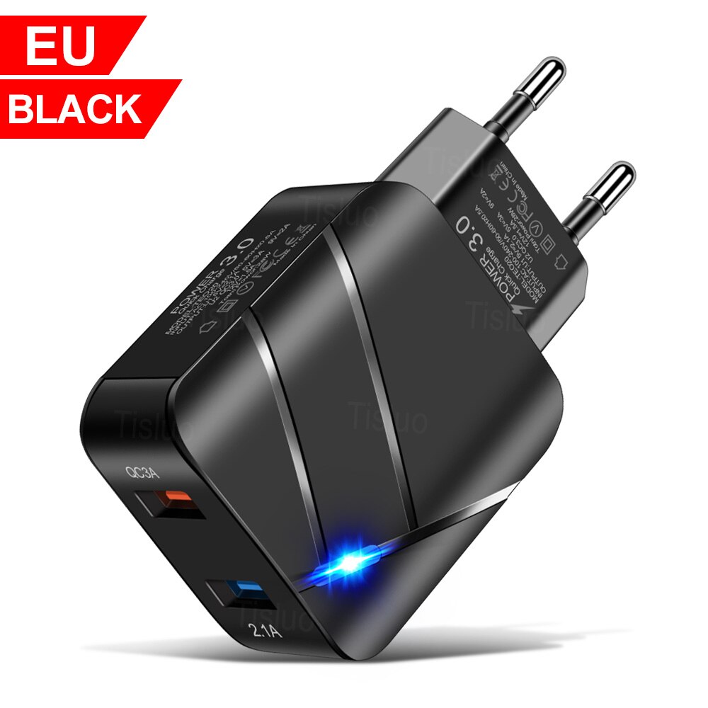 3A Usb Charger Quick Charge 3.0 Mobiele Telefoon Laders Voor Iphone Samsung Xiaomi Huawei Tablet 2 Poort Led Verlichting Muur lader: EU Black