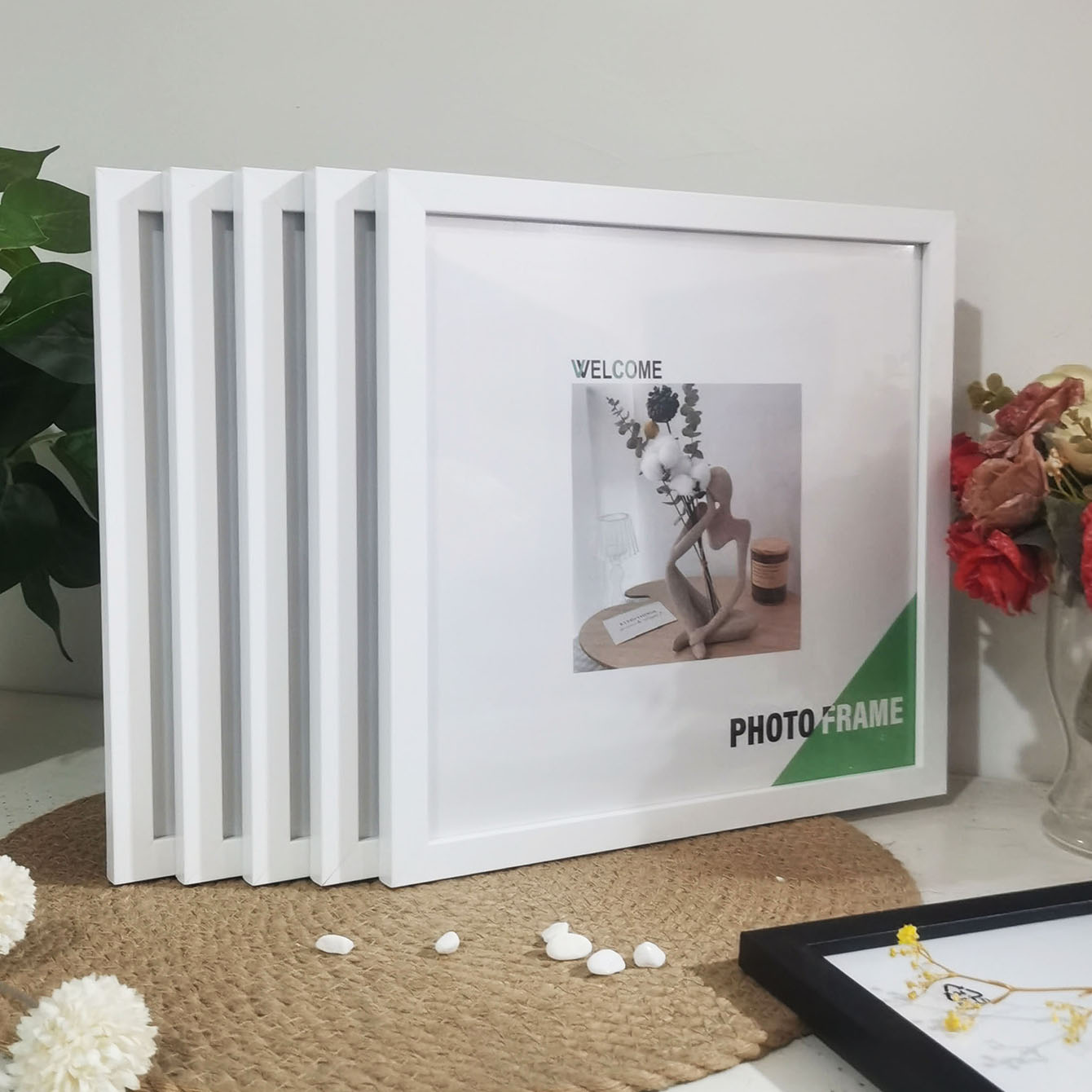 5pc fyrkantiga fotoramar, set med  - 15/20/25/30cm träväggar och bordsdekorationer, minnesdekorationer för bröllop/tavelvägg, (4 storlekar: 7 tum / Vit
