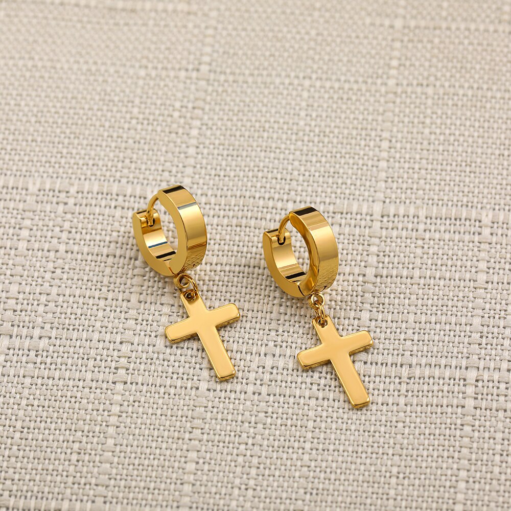 Punk rock longo rebite oco cruz brincos para homem mulher aço inoxidável banhado a ouro huggie hoop brincos moda jóias: 2