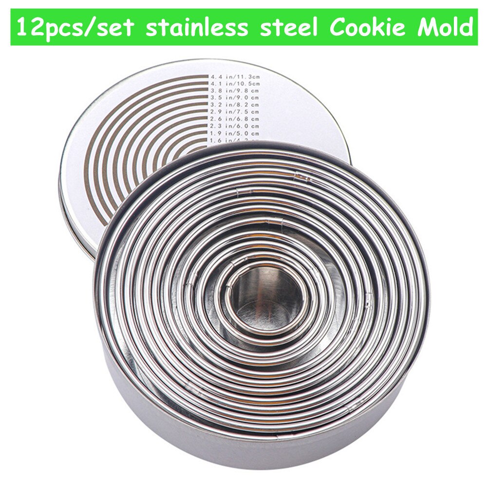 Set Of 12 Round Cookie Cutter Circle Biscuits Cutters With Storage Tin For Dough Pastry Donut Fondant Kitchen Accessories: Steel color