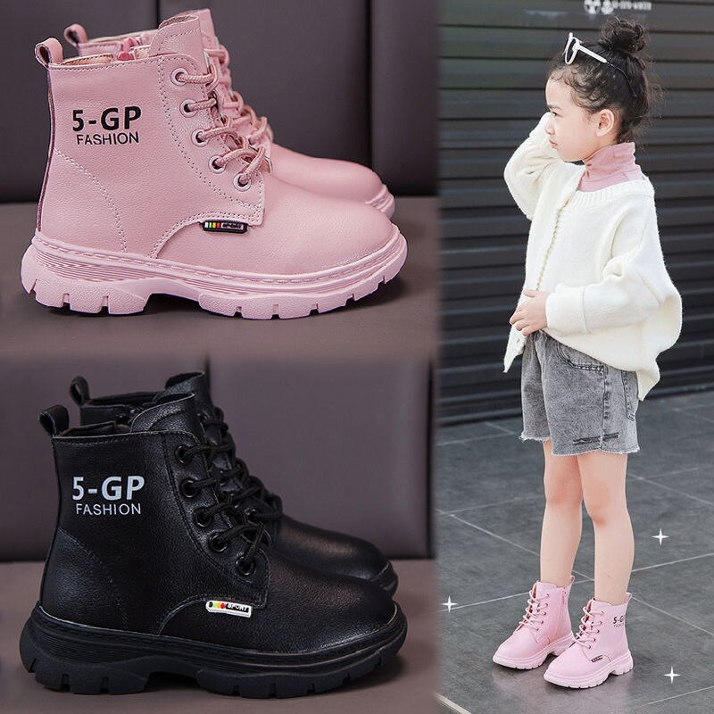 Herfst Kids Laarzen Meisjes Lederen Schoenen Effen Kleur Mode Kinderen Enkellaarsjes Antislip Martin Laarzen Roze Zwart korte Laarzen