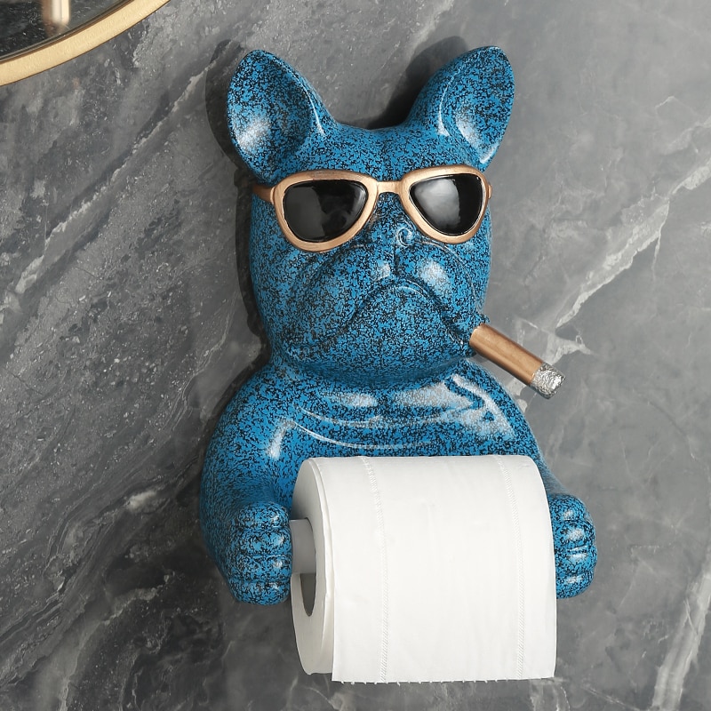 Luxury Resin French Bulldog Paper Tissue Holder Toilet Animal Sculpture Shelf Bathroom Tissue Holder Free Perforated Wall Mount