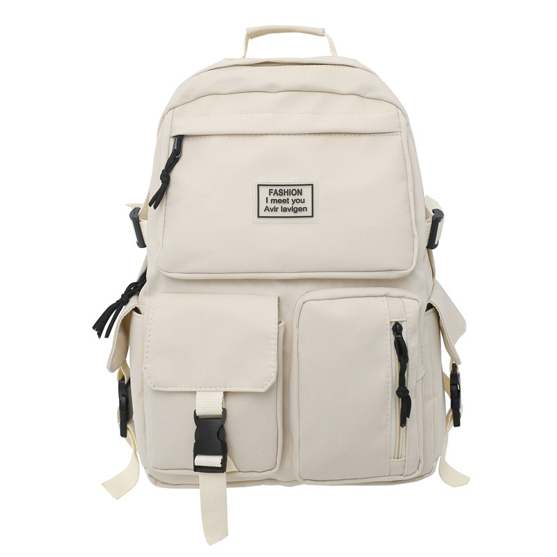Large-capacity Multi-pocket Men and Women Universal Nylon Leisure Simple Schoolbag Insert Buckle Computer Backpack: Beige