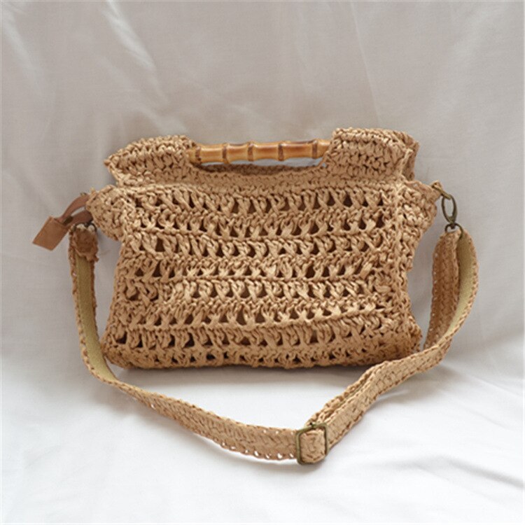 bamboo handle straw bags women handbags luxury wicker woven shoulder bags summer beach rattan purses large tote: brown