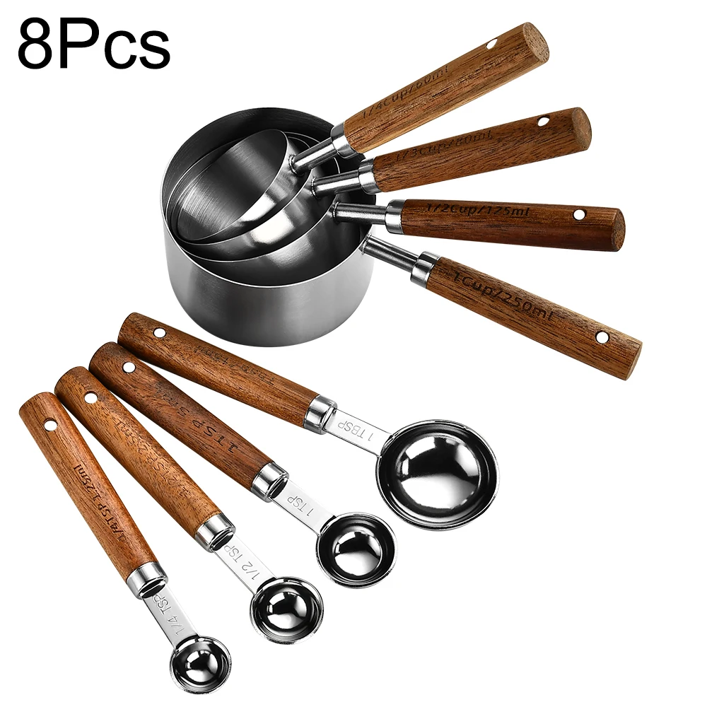 4/8Stck Holzgriff Edelstahl Messbecher Löffel Backen Werkzeuge Kaffee Messlöffel einstellen Bartending Skala Zubehör: Licht Gelb