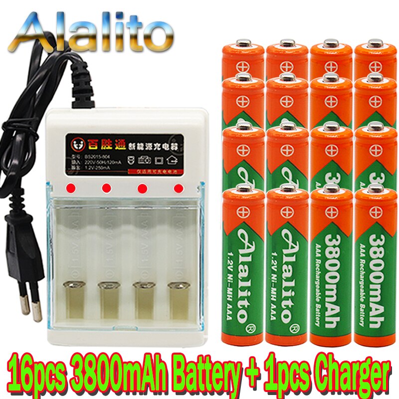 Figh 1.2v 3800 mah ni mh aaa förladdat ni-mh uppladdningsbart aa batteri för leksaker kamera mikrofon batterier + laddare: Guld-