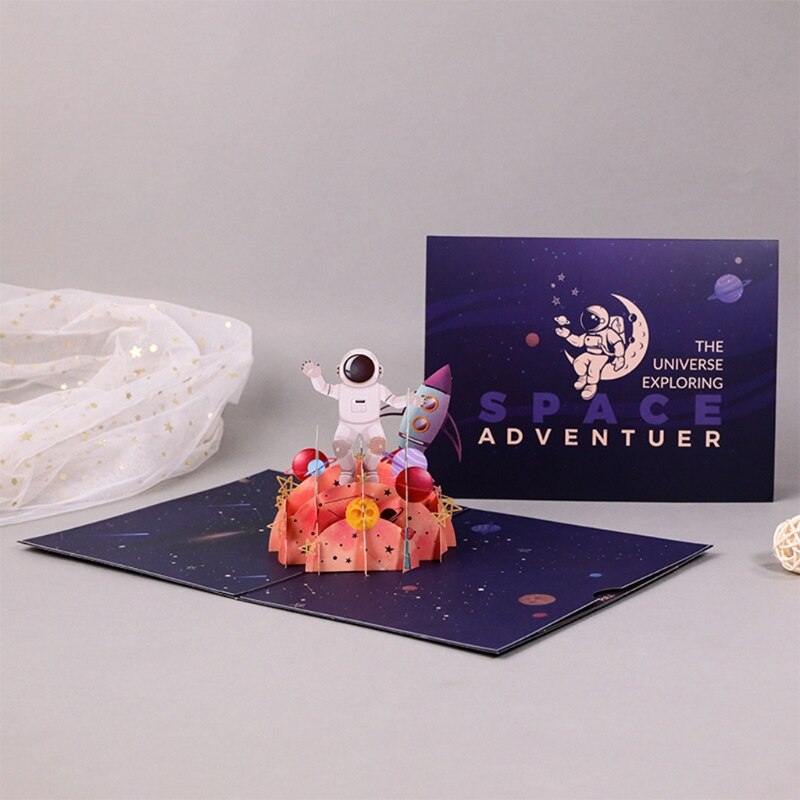 Z kreskówkowym motywem kosmosu powitanie kartka okolicznościowa z kopertą 3D astronauta rakieta planeta gwiazda składany zabawny rzeźba błogosławieństwo papier prezentowy
