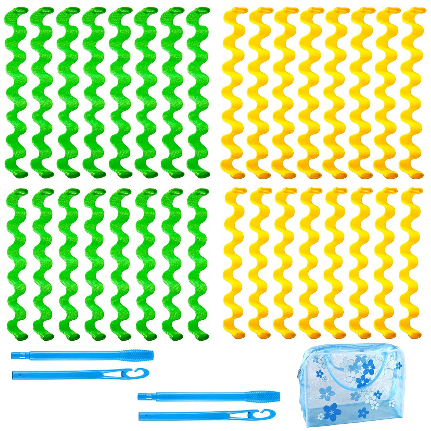 Bigoudis magiques en spirale, sans chaleur, avec 4 crochets, accessoires de coiffure pour la maison, bricolage, 32 pièces: 32pcs Green   Yellow