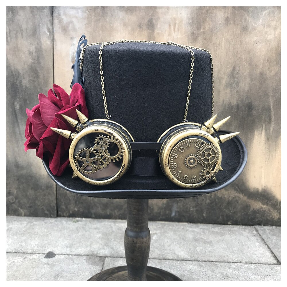 Sombrero Steampunk con tapa hecho a mano para mujer, sombrero redondo mágico con gafas de engranaje y flores para escenario, sombrero de boda, talla 57CM, Sombrero estilo Steampunk